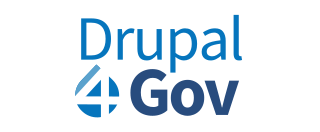 Drupal4Gov logo featuring the text 'Drupal' in blue, a stylized white number '4' within a blue teardrop shape, and 'Gov' in navy blue.