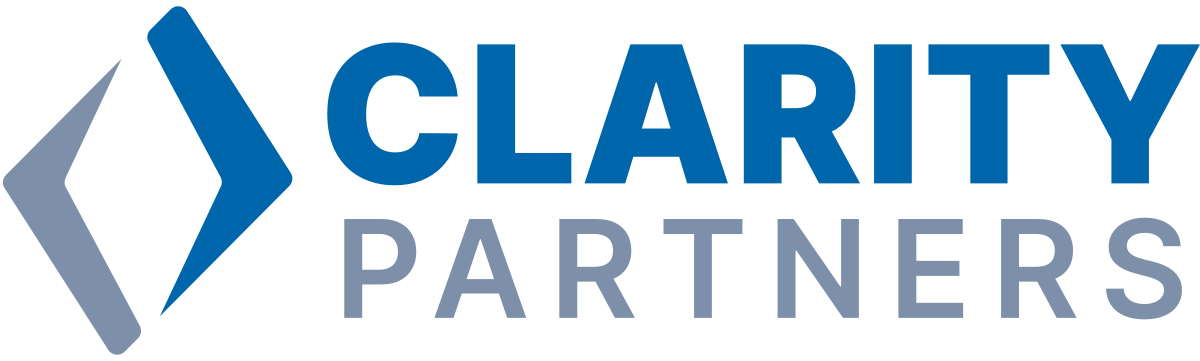 Clarity Partners logo featuring a blue and gray geometric diamond icon to the left of the text 'CLARITY PARTNERS,' with 'CLARITY' in bold blue uppercase letters and 'PARTNERS' in gray uppercase letters.